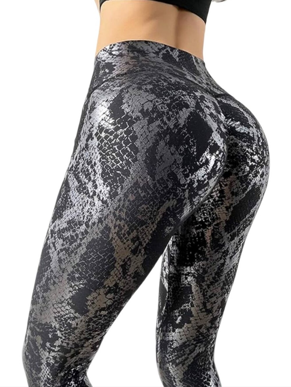 Snake Print Metallic High-Waist Sculpting Scrunch Butt Leggings - Black & Gray